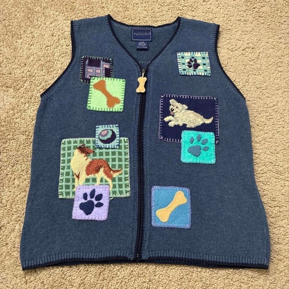 Vintage Cottage Core 90s Blue Dog Zip Up Patchwork Sweater Vest size Medium